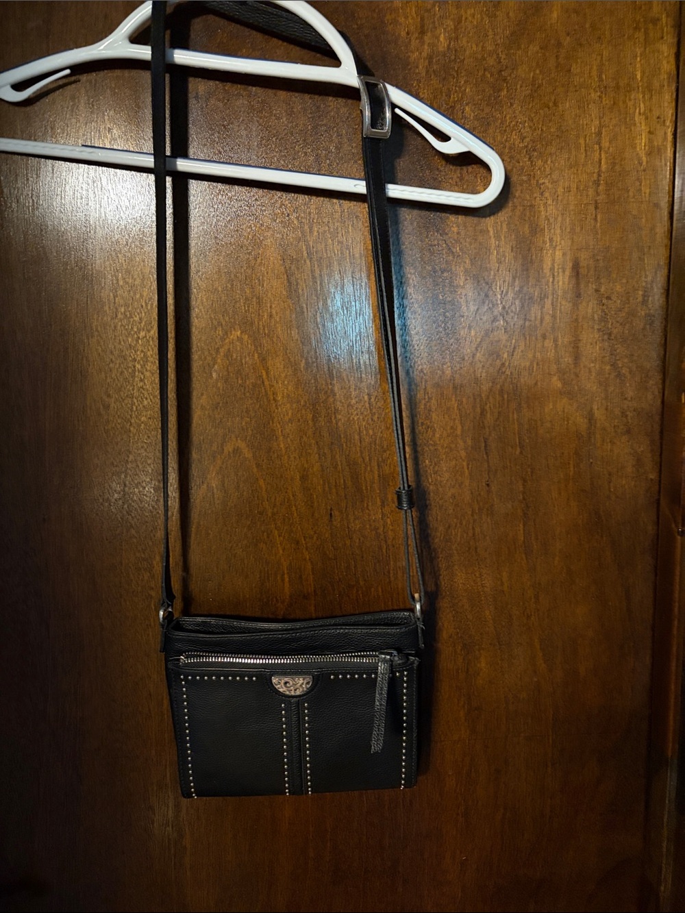 Brighton Black Leather Crossbody Messenger with Stud Accents